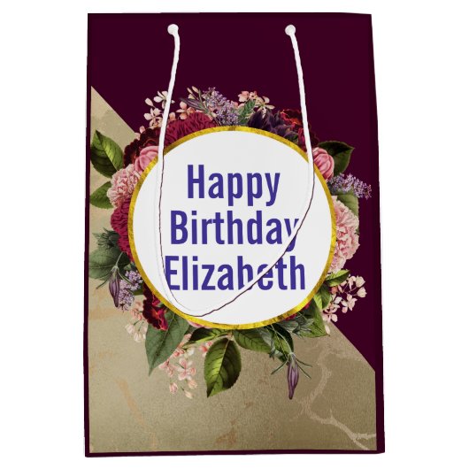 Gold Marble Pattern en Burgundy Florals Birthday Medium Cadeauzakje (Voorkant)