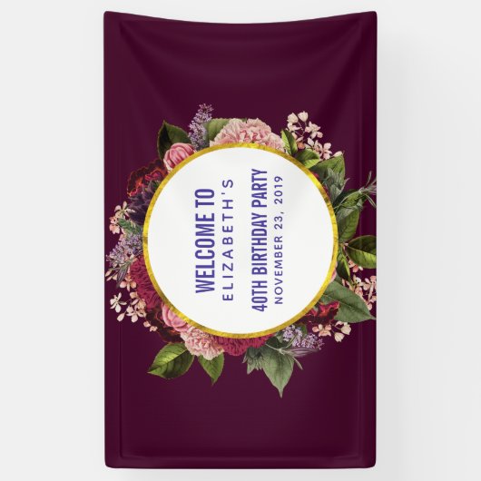 Gold Marble Pattern en Burgundy Florals Birthday Spandoek (Verticaal)