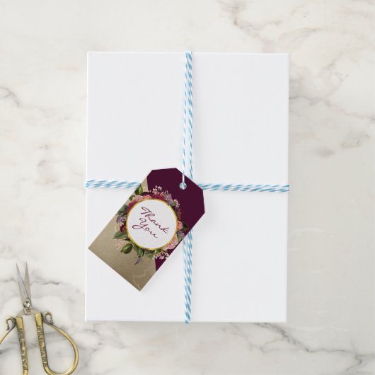 Gold Marble Pattern en Burgundy Florals Hartelijk  Cadeaulabel (Met Touw)