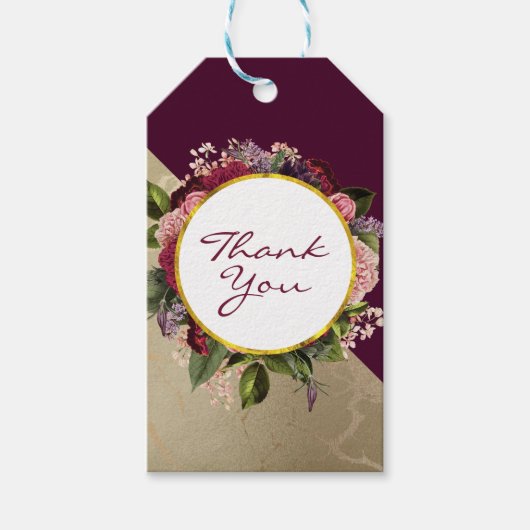 Gold Marble Pattern en Burgundy Florals Hartelijk  Cadeaulabel (Voorkant)