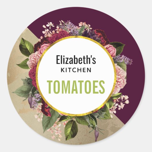 Gold Marble Pattern en Burgundy Florals Kitchen Ronde Sticker (Voorkant)