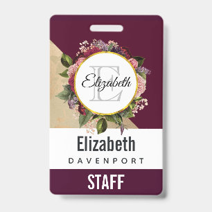 Gold Marble Pattern en Burgundy Florals Monogram Badge