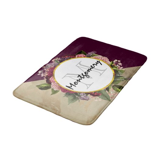 Gold Marble Pattern en Burgundy Florals Monogram Badmat (Gekanteld)