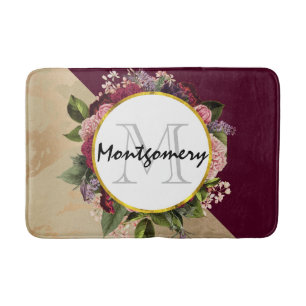 Gold Marble Pattern en Burgundy Florals Monogram Badmat