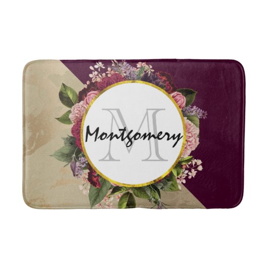 Gold Marble Pattern en Burgundy Florals Monogram Badmat (Voorkant)