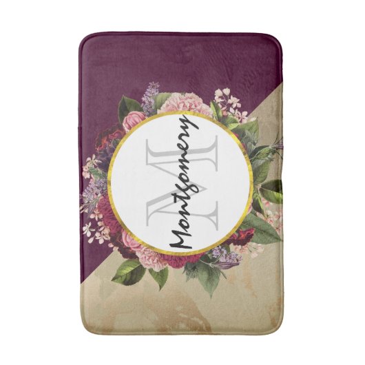 Gold Marble Pattern en Burgundy Florals Monogram Badmat (Voorkant Verticaal)