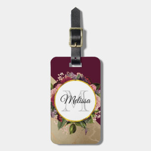 Gold Marble Pattern en Burgundy Florals Monogram Bagagelabel