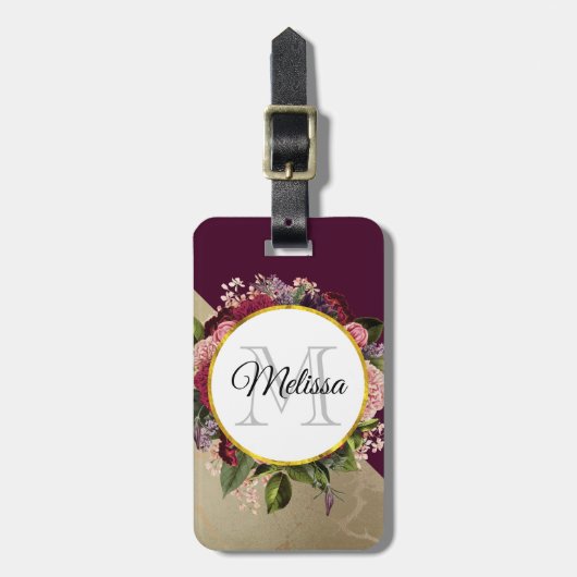 Gold Marble Pattern en Burgundy Florals Monogram Bagagelabel (Voorkant verticaal)