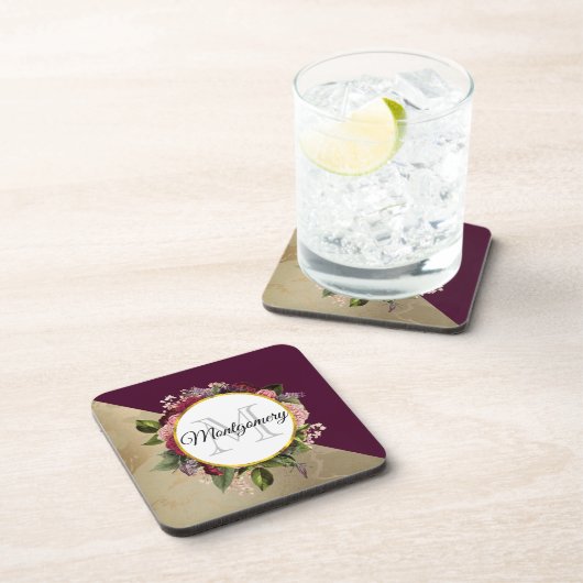 Gold Marble Pattern en Burgundy Florals Monogram Bier Onderzetter (Rechterzijde)