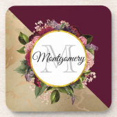 Gold Marble Pattern en Burgundy Florals Monogram Bier Onderzetter (Voorkant)