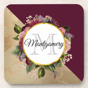 Gold Marble Pattern en Burgundy Florals Monogram Bier Onderzetter