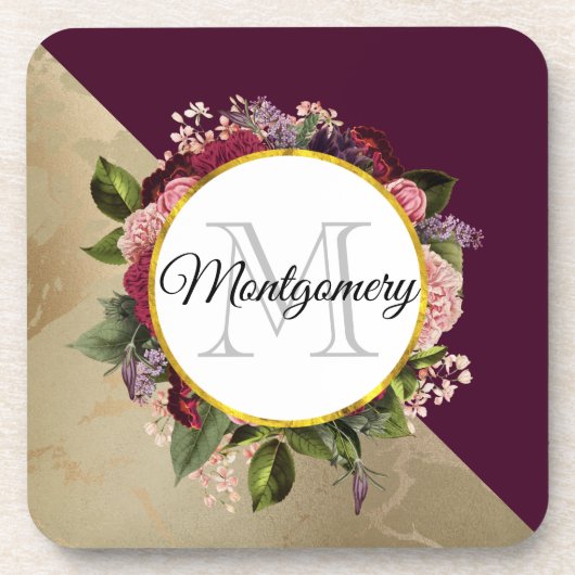 Gold Marble Pattern en Burgundy Florals Monogram Bier Onderzetter (Voorkant)