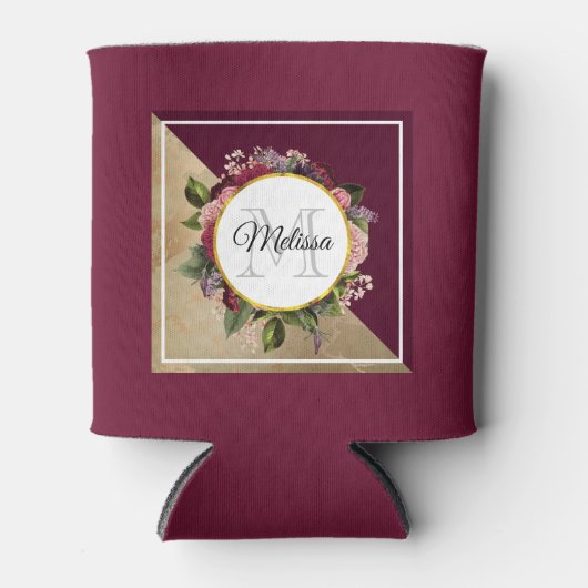 Gold Marble Pattern en Burgundy Florals Monogram Blikjeskoeler (Voorkant)