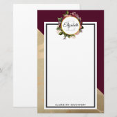 Gold Marble Pattern en Burgundy Florals Monogram Briefpapier (Voorkant / Achterkant)