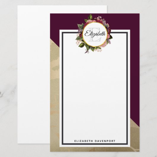 Gold Marble Pattern en Burgundy Florals Monogram Briefpapier (Voorkant / Achterkant)