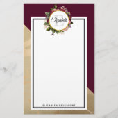 Gold Marble Pattern en Burgundy Florals Monogram Briefpapier (Voorkant)