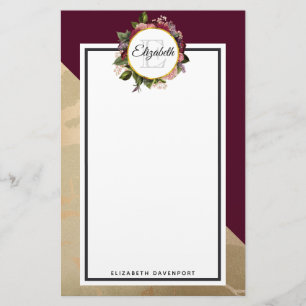 Gold Marble Pattern en Burgundy Florals Monogram Briefpapier