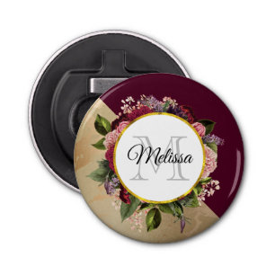 Gold Marble Pattern en Burgundy Florals Monogram Button Flesopener