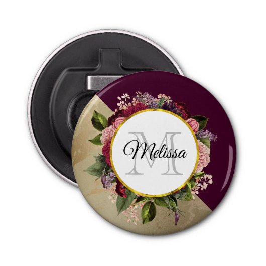 Gold Marble Pattern en Burgundy Florals Monogram Button Flesopener (Voorkant)