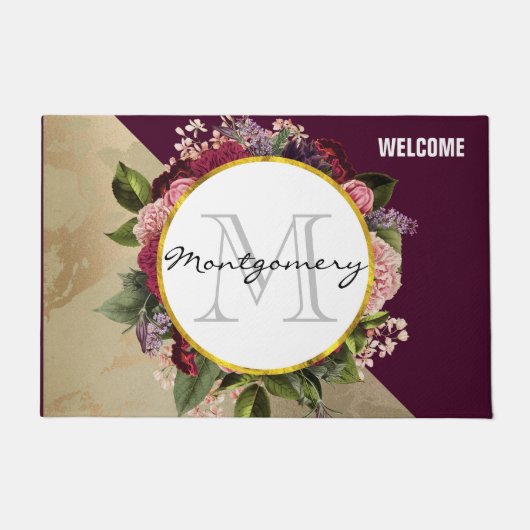 Gold Marble Pattern en Burgundy Florals Monogram Deurmat (Voorkant)