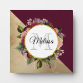 Gold Marble Pattern en Burgundy Florals Monogram Fotoplaat (Voorkant)