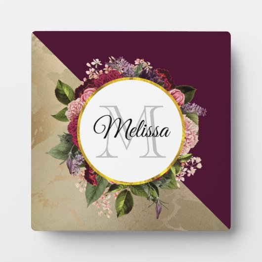 Gold Marble Pattern en Burgundy Florals Monogram Fotoplaat (Voorkant)