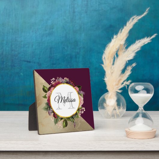 Gold Marble Pattern en Burgundy Florals Monogram Fotoplaat (Insitu)