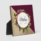 Gold Marble Pattern en Burgundy Florals Monogram Fotoplaat (Voorkant)