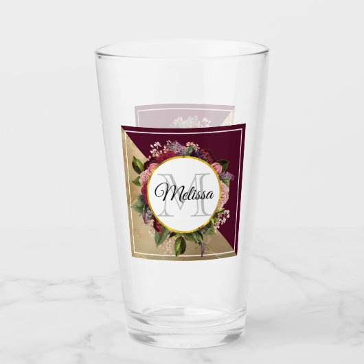 Gold Marble Pattern en Burgundy Florals Monogram Glas (Voorkant)