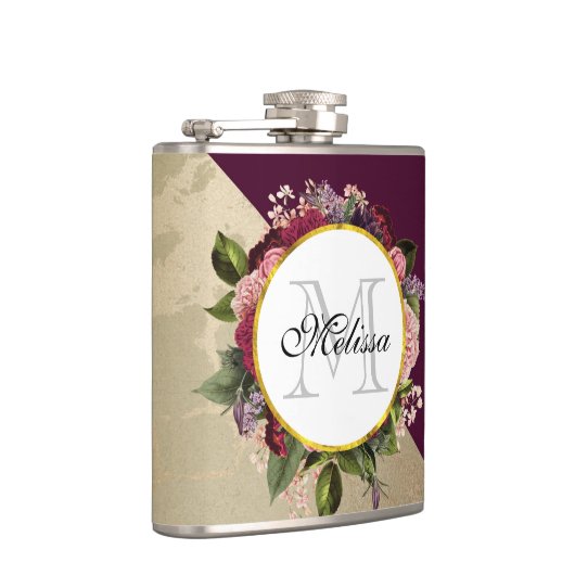 Gold Marble Pattern en Burgundy Florals Monogram Heupfles (Rechts)