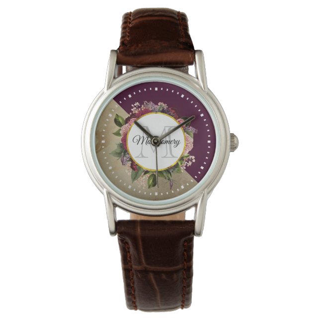 Gold Marble Pattern en Burgundy Florals Monogram Horloge (Voorkant)