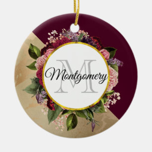 Gold Marble Pattern en Burgundy Florals Monogram Keramisch Ornament
