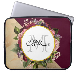 Gold Marble Pattern en Burgundy Florals Monogram Laptop Sleeve
