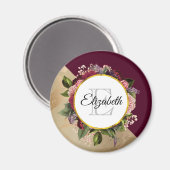 Gold Marble Pattern en Burgundy Florals Monogram Magneet (Voorkant / Achterkant)