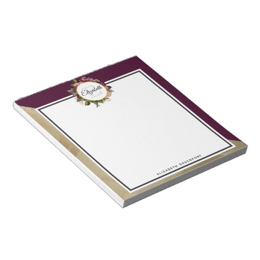 Gold Marble Pattern en Burgundy Florals Monogram Notitieblok (Schuin)