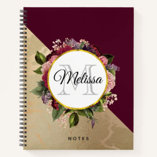 Gold Marble Pattern en Burgundy Florals Monogram Notitieboek