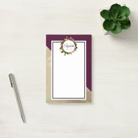 Gold Marble Pattern en Burgundy Florals Monogram Post-it® Notes (Kantoor)