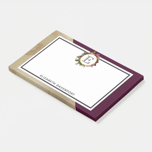 Gold Marble Pattern en Burgundy Florals Monogram Post-it® Notes (Schuin)