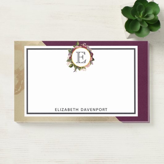 Gold Marble Pattern en Burgundy Florals Monogram Post-it® Notes (Kantoor)