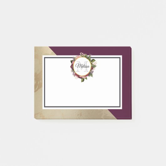 Gold Marble Pattern en Burgundy Florals Monogram Post-it® Notes (Voorkant)