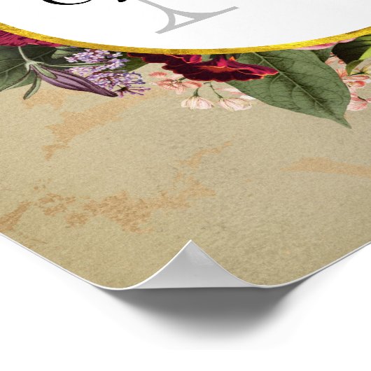 Gold Marble Pattern en Burgundy Florals Monogram Poster (Hoek)