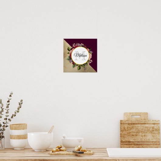 Gold Marble Pattern en Burgundy Florals Monogram Poster (Keuken)