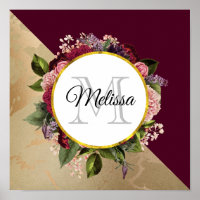 Gold Marble Pattern en Burgundy Florals Monogram
