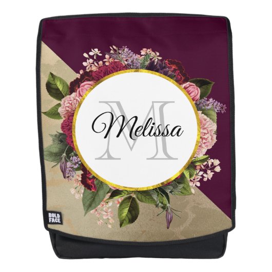 Gold Marble Pattern en Burgundy Florals Monogram Rugtassen (Voorkant)