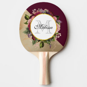 Gold Marble Pattern en Burgundy Florals Monogram Tafeltennisbatje