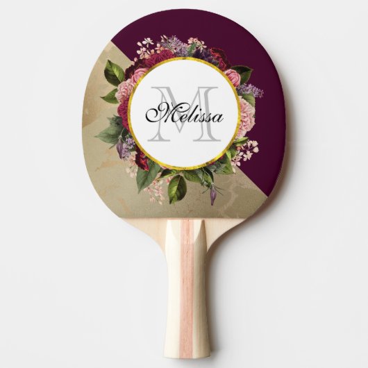 Gold Marble Pattern en Burgundy Florals Monogram Tafeltennisbatje (Voorkant)