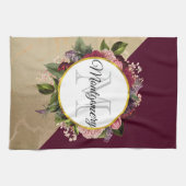 Gold Marble Pattern en Burgundy Florals Monogram Theedoek (Horizontaal)