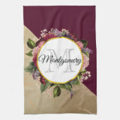 Gold Marble Pattern en Burgundy Florals Monogram Theedoek (Verticaal)