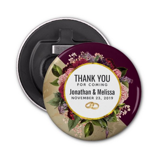 Gold Marble Pattern en Burgundy Florals Wedding Button Flesopener (Voorkant)