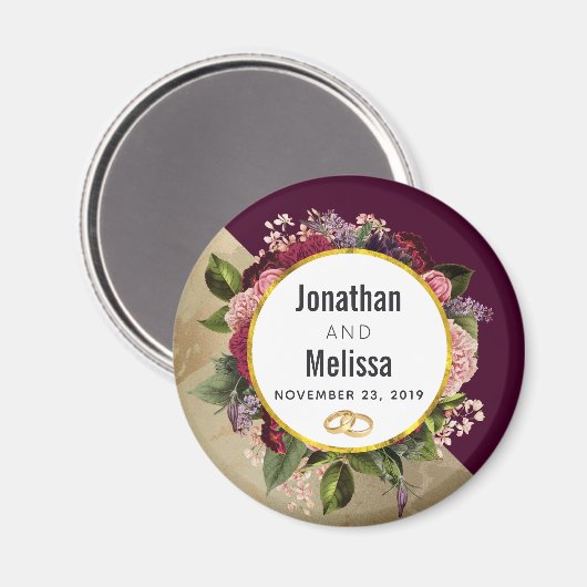 Gold Marble Pattern en Burgundy Florals Wedding Magneet (Voorkant / Achterkant)